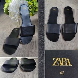 Zara NWOT Black Leather Slide Sandals with Gold Lettering, Women's US 11, EU 42
